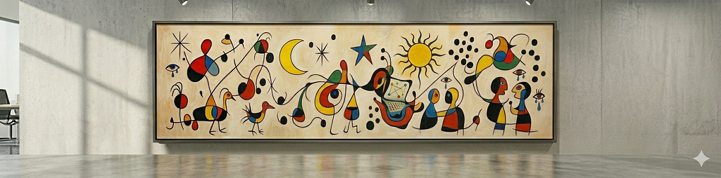 Prompted from Gemini (“abstract art 12x3 aspect ratio. Evoking digital communications subtly and people. Miro style”)